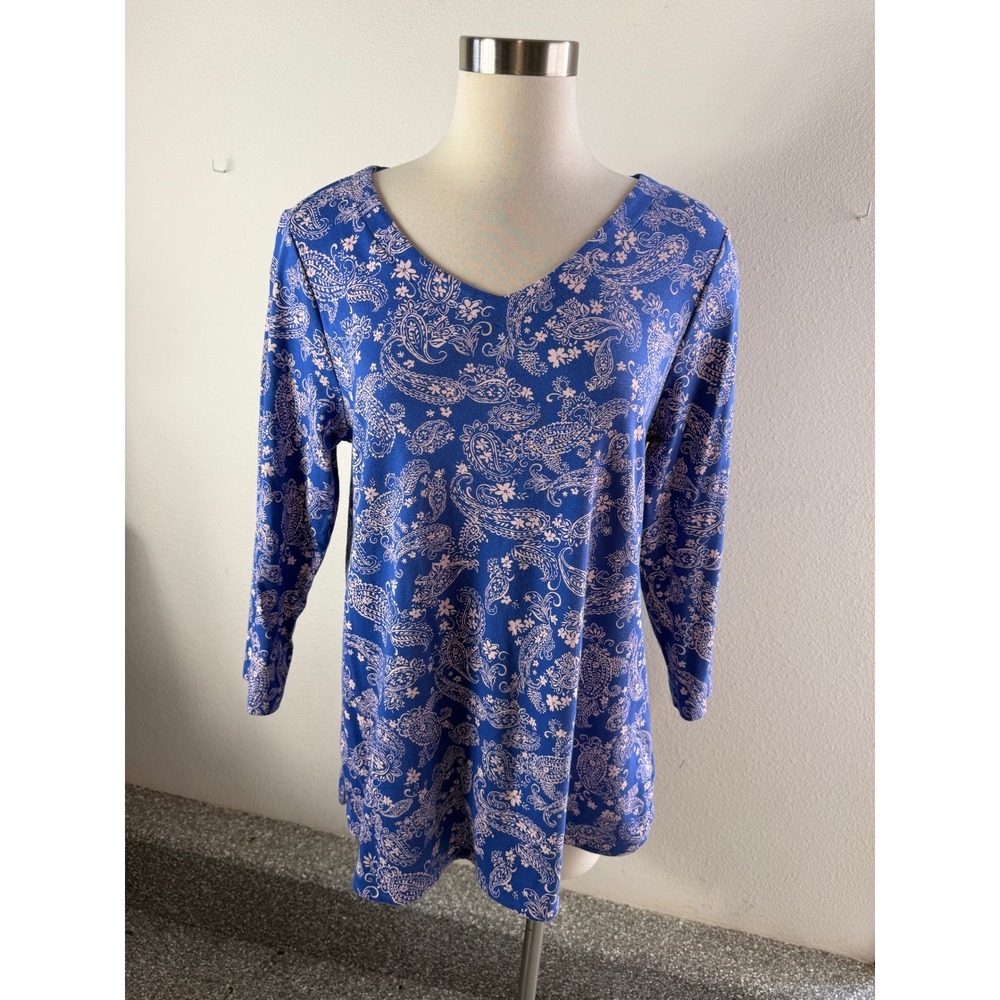 J Jill Womens Large Pima Cotton 3/4 Sleeve V Neck Tunic Top Floral Paisley Shirt